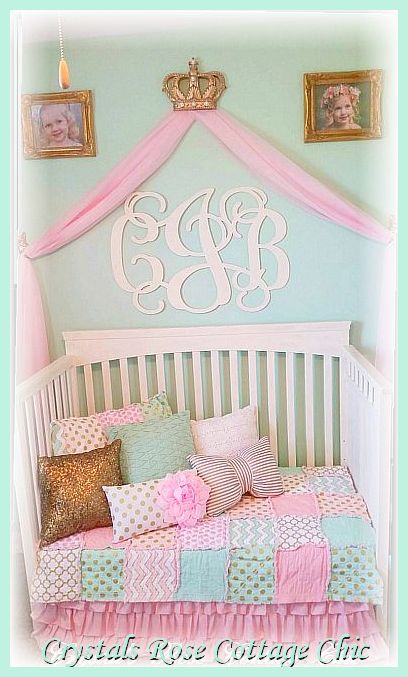 Mint Green Pink Gold Bed Crown Canopy Nursery