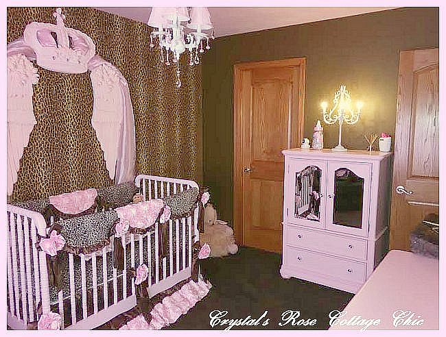 Pink and leopard print nursery crib bedding bed crown canopy with shabby chic pink rose wings