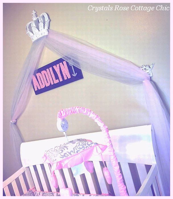 Distressed White Bed Crown Canopy Crib Nursery Princess Pink Grey