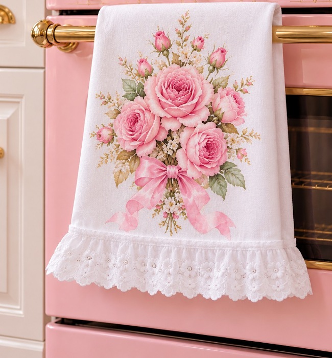 Pink Rose Cottage Lace Kitchen Towel..Free Shipping