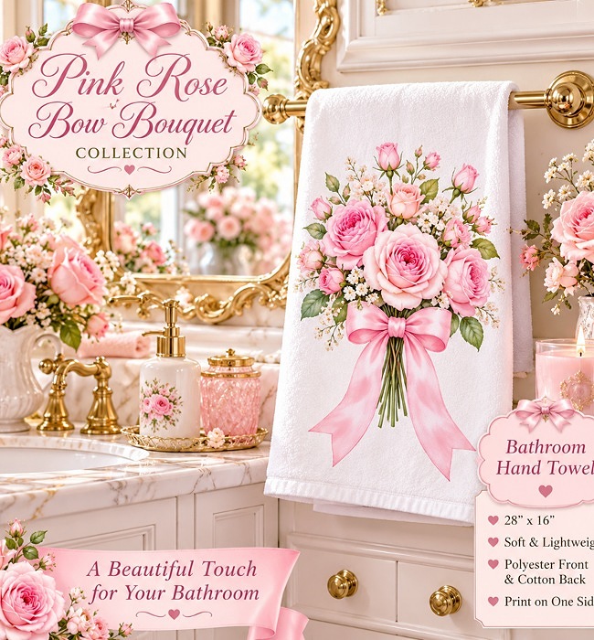Pink Rose Bow Bouquet Hand Towel