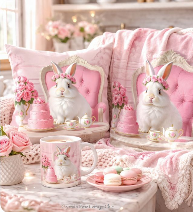 Bunny's Pink Rose Tea Time Pillow / Cover...Free Shipping