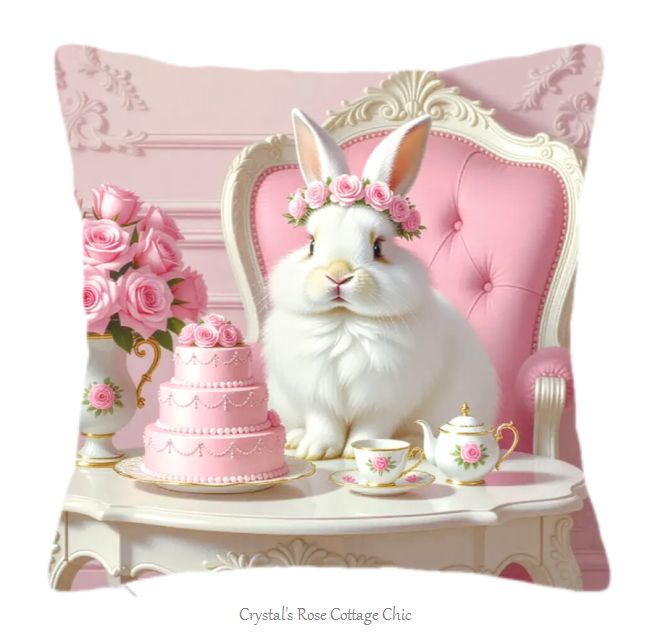 Bunny's Pink Rose Tea Time Pillow / Cover...Free Shipping