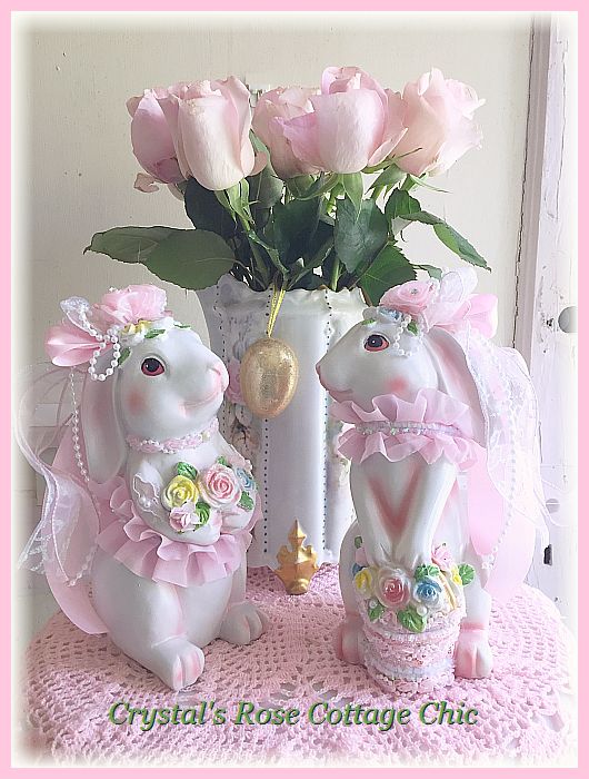 Shabby Cottage Bunny with Rose Bouquet