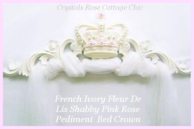 French Ivory Fleur De Lis Shabby Pink Rose Pediment / Bed Crown