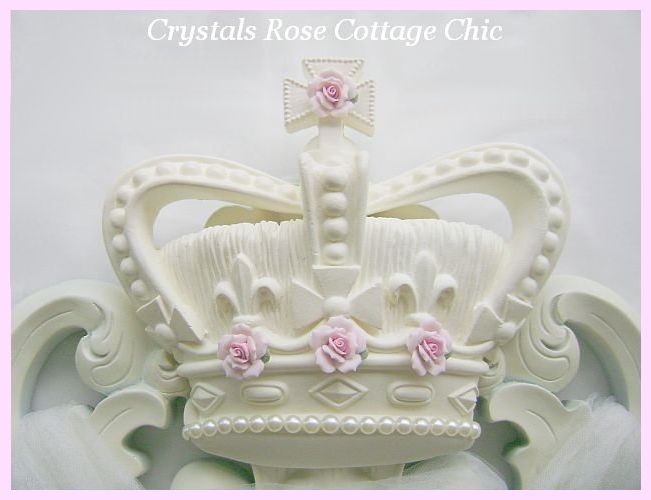 French Ivory Fleur De Lis Shabby Pink Rose Pediment / Bed Crown
