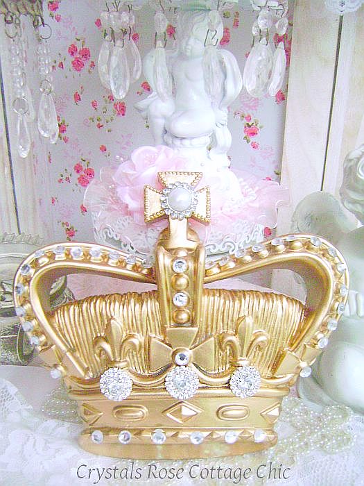 Glamorous Gold & Crystal Rhinestone Bedecked Wall Crown with Fleur De Lis Motif