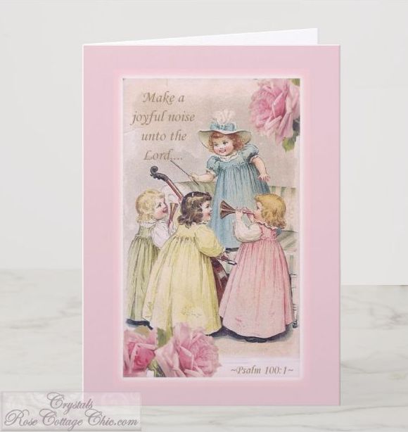 Vintage Girls and Pink Roses, Psalm 100 verse 1 Card
