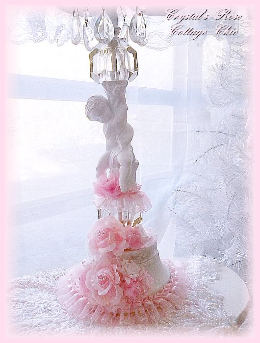 Vintage Lamp with Shabby Pink Roses and Crystals
