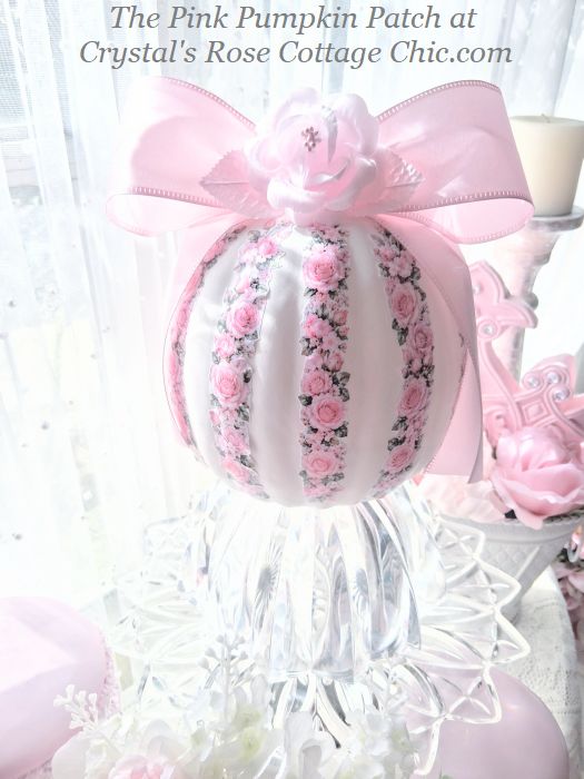 Pink Rose Striped White Pumpkin with Pink Bow..Free Shipping