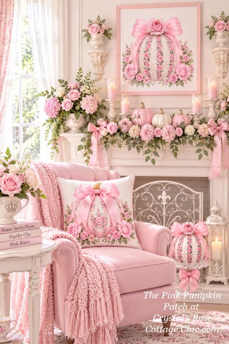 Pink Pumpkin Fall Decor Shabby Chic Cottage Roses Coquette