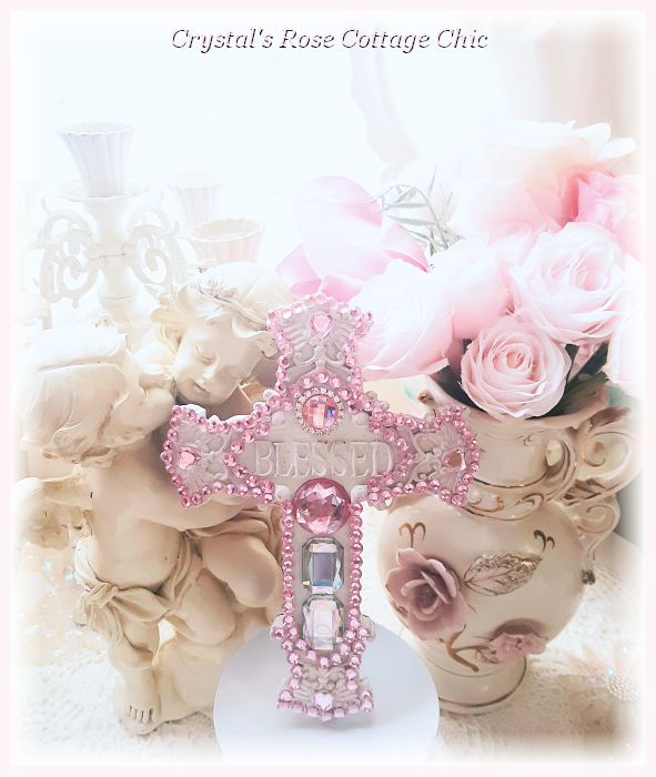 Pink Rhinestone Shabby Chic Blessed Cross...Free Shipping