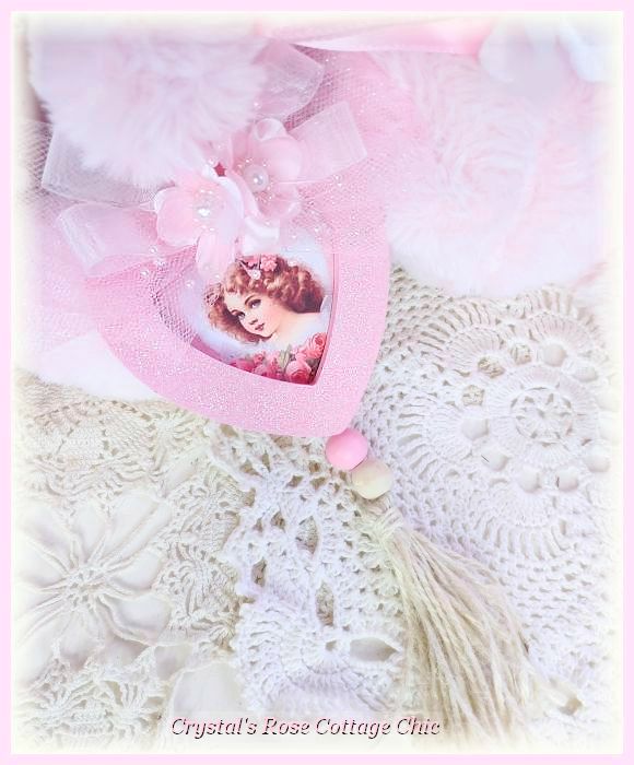 Pink Glitter Heart Ornament with Vintage Girl..FREE SHIP