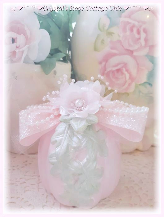 Pretty Pink Pearl Pumpkin with Glitter Bow and Flowers