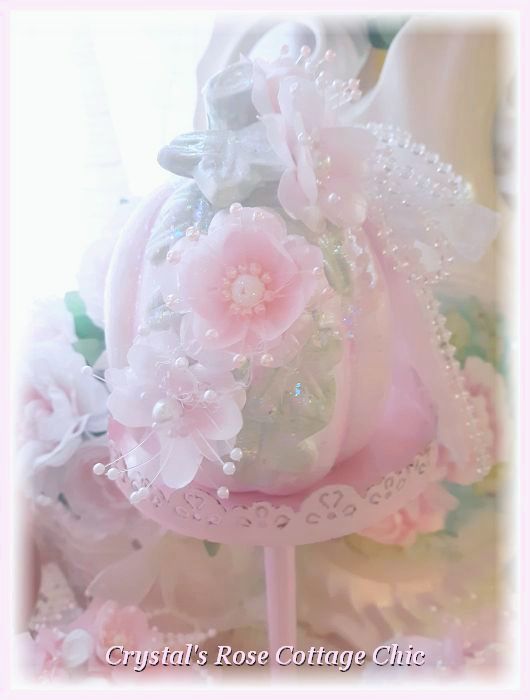Sparkling Pink Pumpkin with Iridescent Glitter, Pearl Flowers and Bows