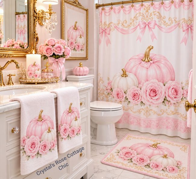 Pink Pumpkin and Rococo Rose Shower Curtain