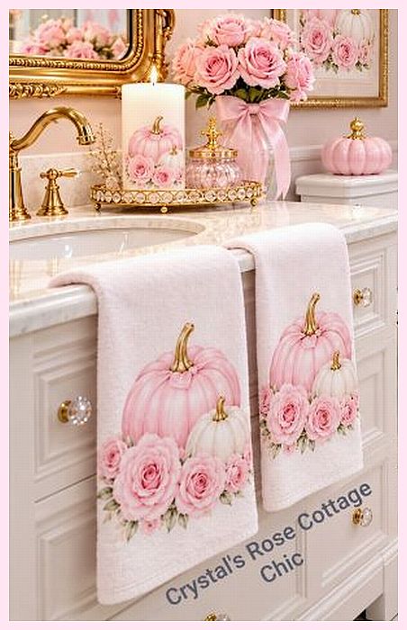 Pink Pumpkin and Rose Hand Towels