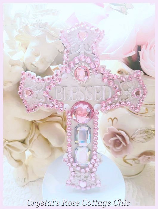 Pink Rhinestone Shabby Chic Blessed Cross...Free Shipping