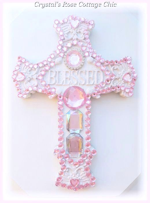 Pink, Iridescent & Crystal Rhinestone Blessed Cross Plaque..Free Shipping