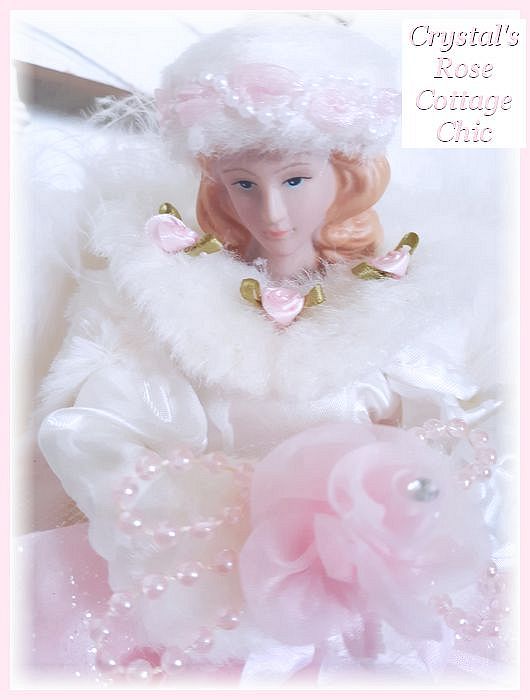Restocked....Pretty Pink Rose and White Fur Angel Tree Topper