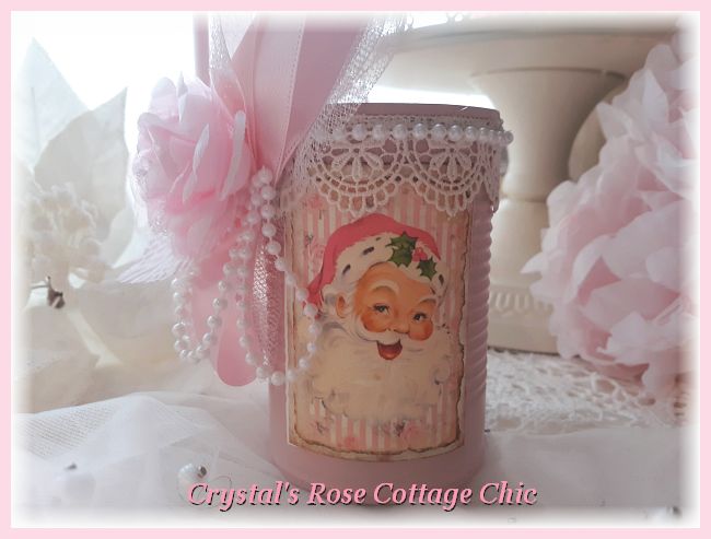 Vintage Pink Rose Santa Christmas Candy Can...Free Shipping