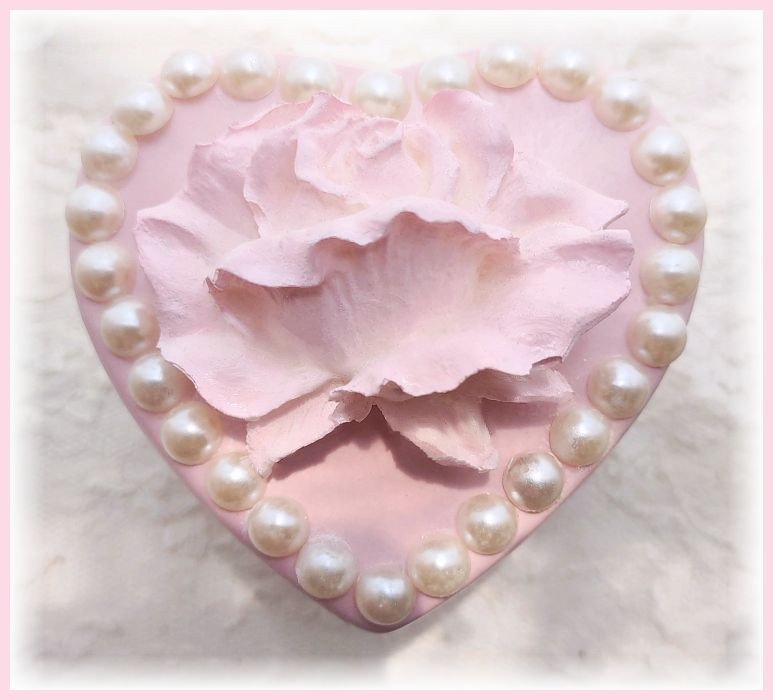 Pink Rose Heart Trinket Box with Pearl Trim..Free Shipping