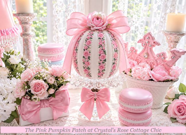 Pink Rose Striped White Pumpkin with Pink Bow..Free Shipping