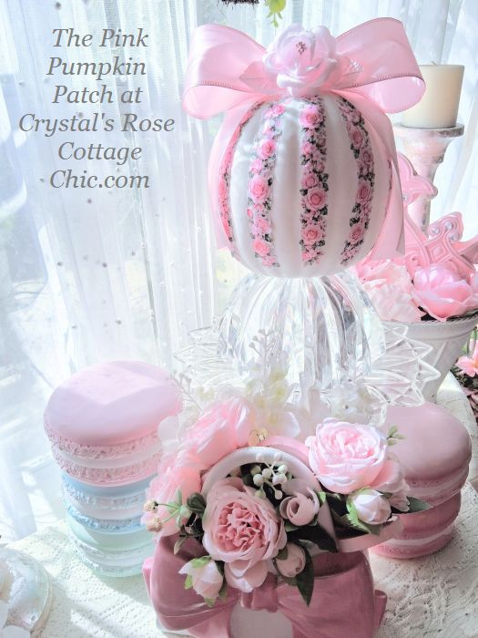 Pink Rose Striped White Pumpkin with Pink Bow..Free Shipping
