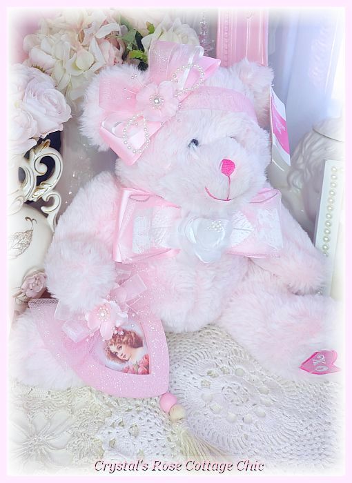 Pink Glitter Heart Ornament with Vintage Girl..FREE SHIP
