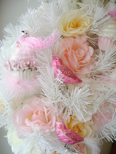 Shabby cottage chic pink roses cupcake bird ornament