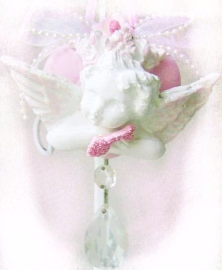 French Chic Shabby Pink Crowned Cherub Clay HeartOrnament