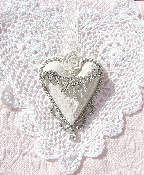 Shabby White Rose Vintage Charm Heart Ornament