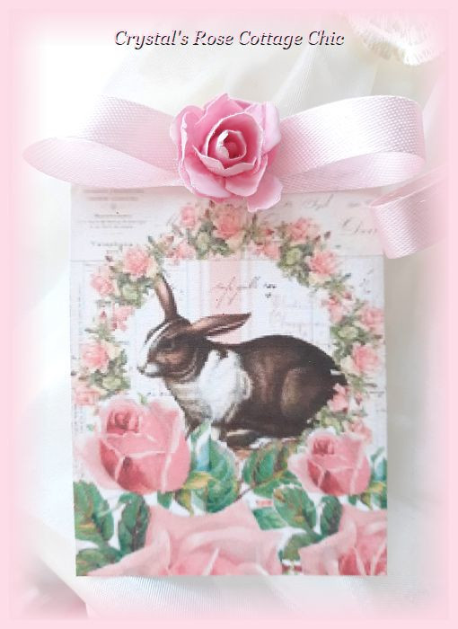 Set of 6 Pink Rose Wreath Vintage Bunny Tags..Free Shipping