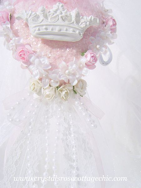 Shabby Chic Pink Heart Dove with Roses and Crown Ornament/Hanging Decor