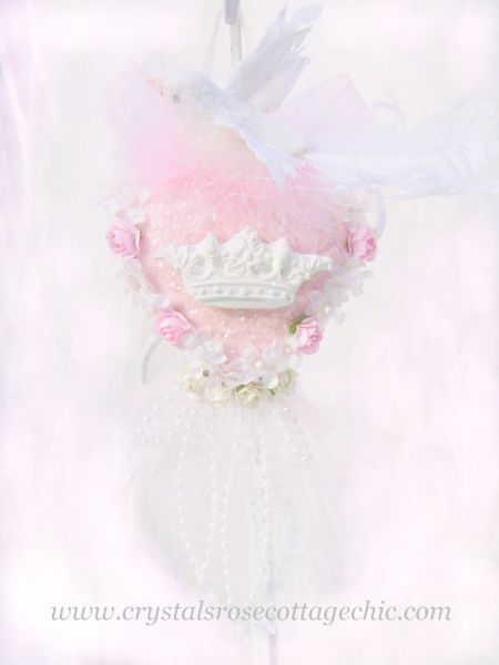 Shabby Chic Pink Heart Dove with Roses and Crown Ornament/Hanging Decor