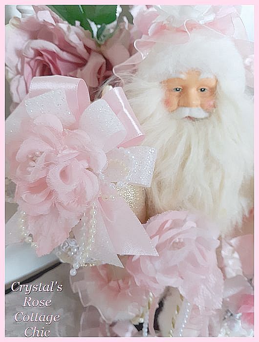 Shabby Pink Rose & White Glitter Bow Santa