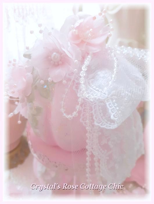 Sparkling Pink Pumpkin with Iridescent Glitter, Pearl Flowers and Bows