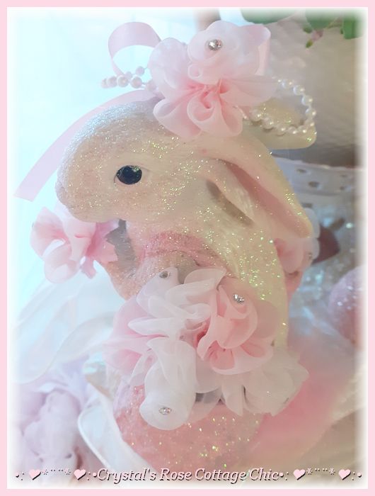 White Glitter Easter Bunny with Pink Flower Baskets