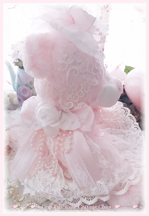 Sweet Shabby Pink Bear with White Lace and Roses..Free Shipping