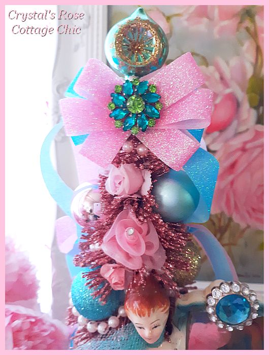 Vintage Lady Pink Blue Rose Bottle Brush Tree