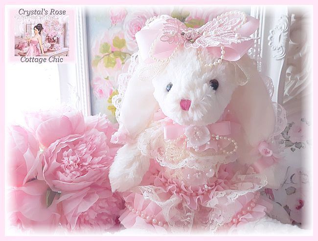 Shabby Chic Pink Ruffles, Lace & Pearls Bunny...Free Shipping