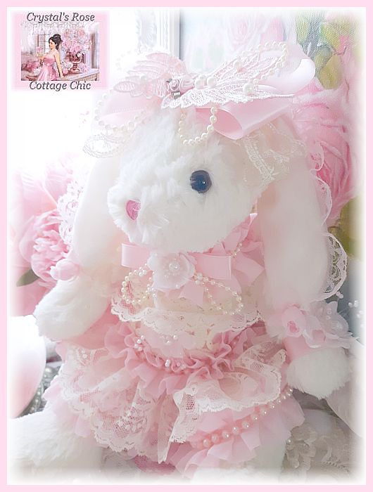 Shabby Chic Pink Ruffles, Lace & Pearls Bunny...Free Shipping