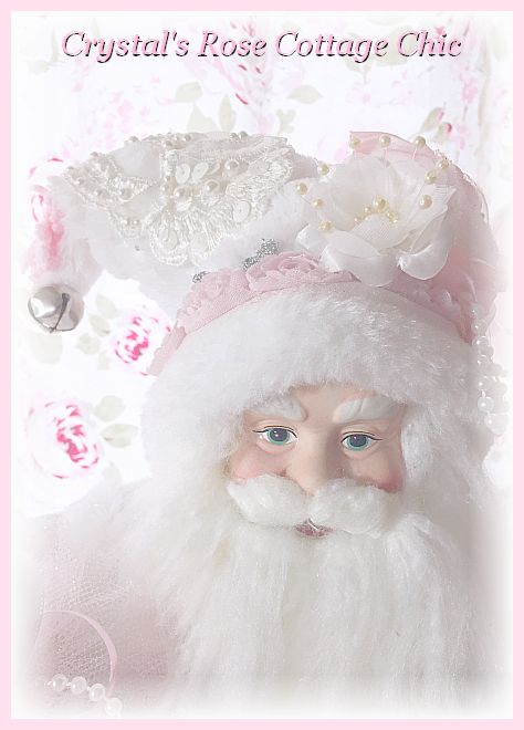 Shabby Pink Rose, White , Silver, Ivory, Vintage Lace Santa