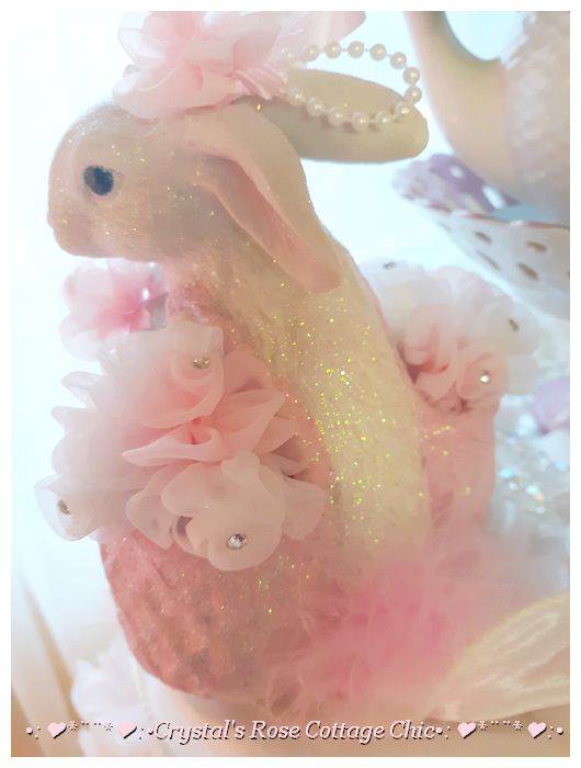 White Glitter Easter Bunny with Pink Flower Baskets