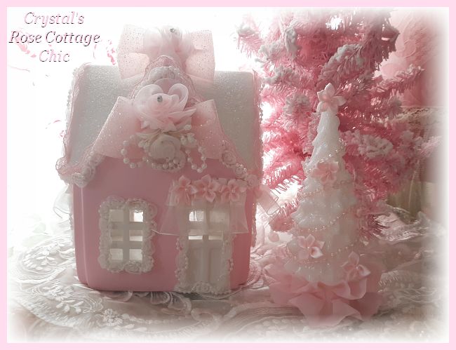 Light Up Shabby Pink Christmas Cottage with Free Tree