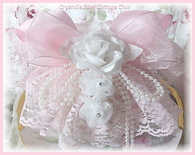 Shabby Chic White Rose & Pink Lace Pumpkin