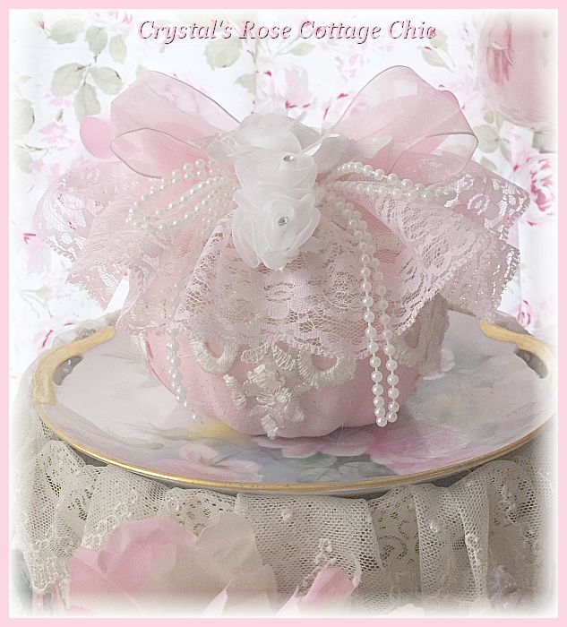 Shabby Chic White Rose & Pink Lace Pumpkin