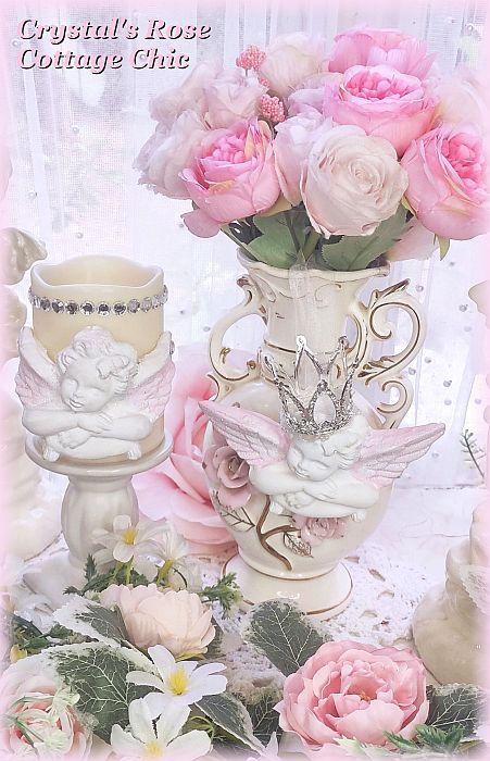 Vintage Shabby Pink Cherub Rhinestone Crown Ornament and LED Candle Set..Free Shipping