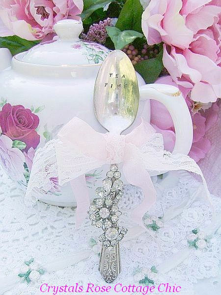 Romantic Vintage Bejeweled Teaspoon, Hand Stamped "Tea Time"