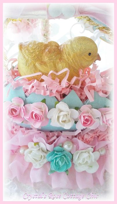 Vintage Easter Charm Chick in Egg Nest with Ruffles and Roses